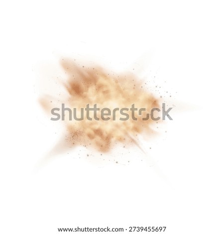 Dust explosion, brown particles, smog cloud, realistic overlay effect. Smog, dirt, sandstorm, construction, cleaning. Grunge style. Vector illustration. Isolated background.