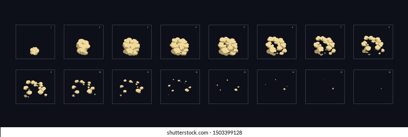 Staubexplosionseffekt. Entstaubungsbelebung. staubanisiertes Sprite-Blatt für Spiele, Cartoon oder Animation.