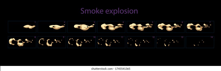 Staubexplosionseffekt Staubanimierungs-Sprite-Blatt. Eine Reihe von Rauch-Burst-Animationen für Spiele, Zeichentrickfilme oder Animationen. Bereit für Fream mit klassischer Animation. Vector