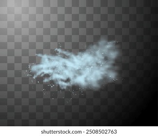 Ilustração de vetor realista do efeito de explosão de poeira. Explosão de pó azul claro com nuvem de fumaça. Respingo ou spray de farinha ou areia com partículas. Ruptura do pigmento com o vapor isolado no transparente