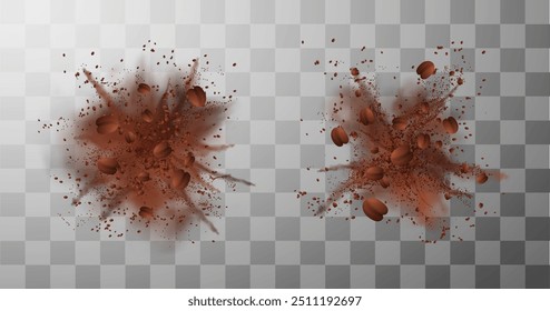 Dust explosion of ground coffee powder and grains realistic vector illustrations set. Brown powder burst effect with cloud of smoke and beans. Coffee granules flour splatter on transparent background