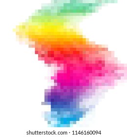 Dust explosion in mosaic effect. Colored pixel. Colored wave. Bright element for your design.