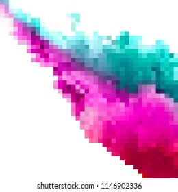 Dust explosion in mosaic effect. Colored pixel. Colored wave. Bright element for your design.