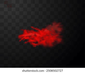 Dust explosion realistic vector illustration. Red powder cloud explosion effect. Splash or spray of paint flour or sand. Color pigment burst with smoke isolated on transparent background