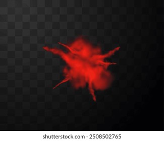 Dust explosion realistic vector illustration. Red powder explosion with smoke. Splash or splatter of paint flour or sand, ink blow. Dusty burst effect with steam isolated on transparent background