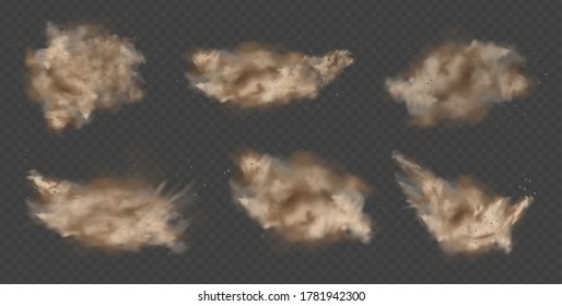 Dust explosion, sandstorm, powder burs on transparent background. Desert wind with cloud of dust and sand. Set of realistic pouder of desert and stone vector illustration