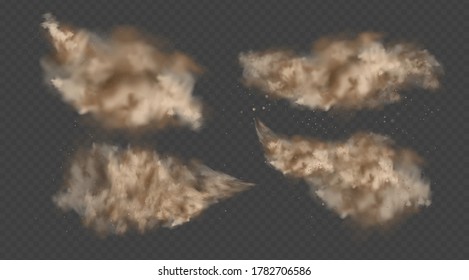 Dust explosion, sandstorm, powder burs on transparent background. Desert wind with cloud of dust and sand. Set of realistic pouder of desert and stone vector illustration