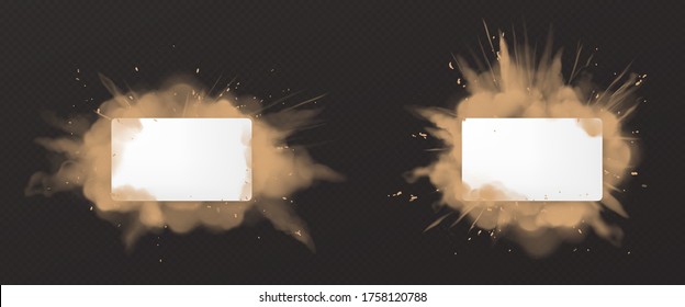 Dust Explosion With White Rectangle Banner. Splashes Of Brown Powder Isolated On Transparent Background. Vector Realistic Clouds Of Sand Or Dry Dirt, Burst Effect With Copy Space For Text