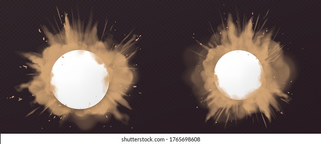 Dust Explosion With White Round Banner. Splashes Of Brown Powder Isolated On Transparent Background. Vector Realistic Clouds Of Sand Or Dry Dirt, Burst Effect With Copy Space For Text