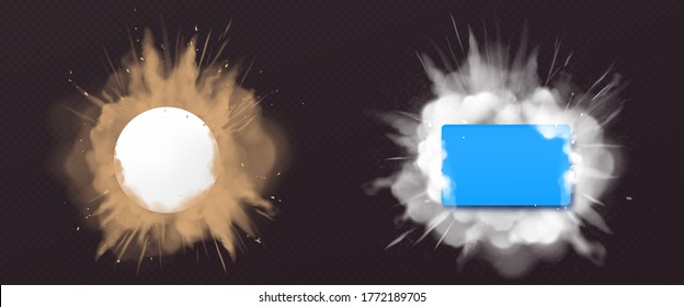 Dust explosions with rectangle and round banner. Splashes of brown and white powder isolated on transparent background. Vector realistic clouds of sand and snow, burst effect with copy space for text