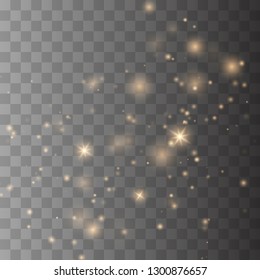 Dust gold. Gold sparks and golden stars shine with special light. Vector sparkles on a transparent background. Christmas abstract pattern. Sparkling magical dust particles.
