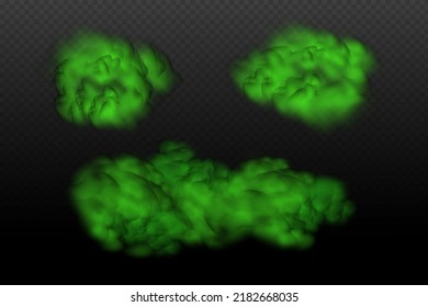 Staubgrüne giftige Wolke mit Teilchen mit Schmutz, Zigarettenrauch und Smog. Realistische Vektorgrafik einzeln auf transparentem Hintergrund. Konzept Luftverschmutzung, große Explosion.