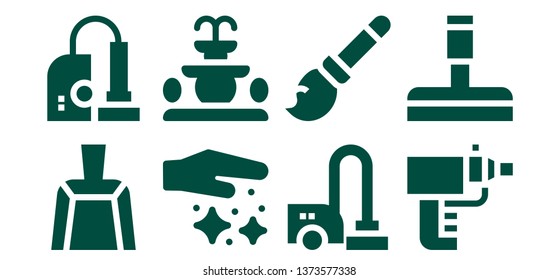 dust icon set. 8 filled dust icons.  Collection Of - Dustpan, Vacuum, Dust, Fountain, Vacuum cleaner, Broomstick, Particle gun, Glass cleaner
