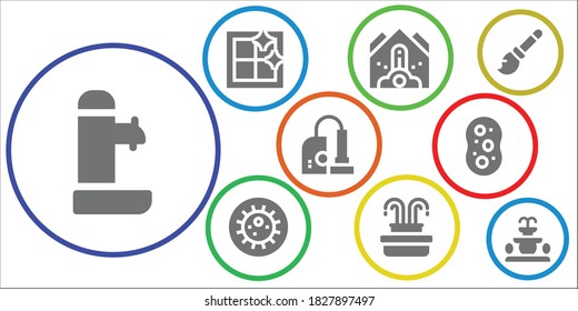 dust icon set. 9 filled dust icons. Included Fountain, Clean window, Falling debris, Bacteria, Vacuum, Sponge, Broomstick icons