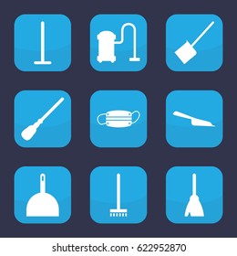 Dust icon. set of 9 filled dust icons such as broom, mop, dustpan, vacuum cleaner
