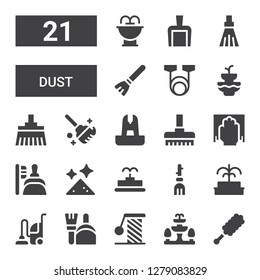 dust icon set. Collection of 21 filled dust icons included Duster, Fountain, Scratching, Dustpan, Vacuum, Broom, Dust, Cleaning, Clean, Resistance