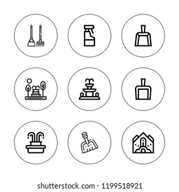 Dust icon set. collection of 9 outline dust icons with broom, dustpan, falling debris, fountain icons. editable icons.