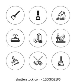 Dust icon set. collection of 9 outline dust icons with cleaning, broom, dustpan, fountain, vacuum cleaner icons. editable icons.