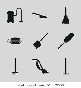 Dust icons set. set of 9 dust filled icons such as broom, mop, dustpan, dust brush, vacuum cleaner
