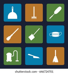 Dust icons set. set of 9 dust filled icons such as broom, dustpan, mop, dust brush, vacuum cleaner