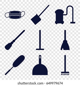 Dust icons set. set of 9 dust filled icons such as broom, mop, dustpan, dust brush, vacuum cleaner
