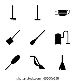 Dust icons set. set of 9 dust filled icons such as broom, mop, dustpan, dust brush, vacuum cleaner