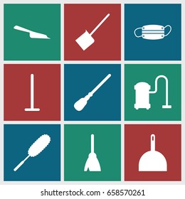 Dust icons set. set of 9 dust filled icons such as broom, mop, dustpan, dust brush, vacuum cleaner