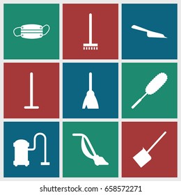 Dust icons set. set of 9 dust filled icons such as broom, mop, dustpan, dust brush, vacuum cleaner