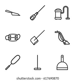 Dust icons set. set of 9 dust outline icons such as mop, dustpan, dust brush, vacuum cleaner