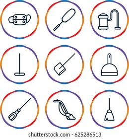 Dust icons set. set of 9 dust outline icons such as broom, mop, dustpan, dust brush, vacuum cleaner