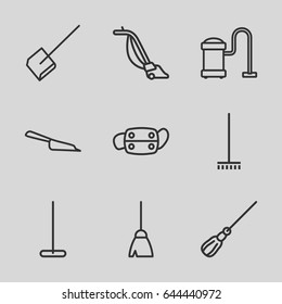 Dust icons set. set of 9 dust outline icons such as broom, mop, dustpan, vacuum cleaner