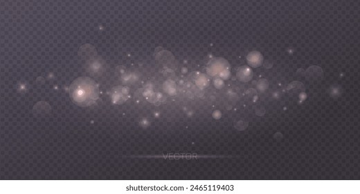 Dust light. Bokeh light lights effect background. Sparkling golden particles. Christmas background from shining dust.