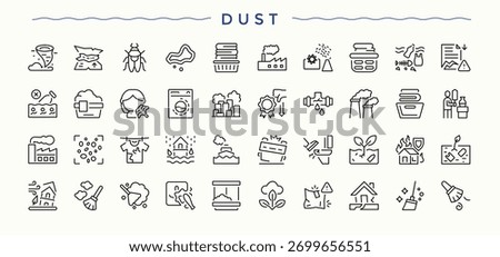 Dust line icon set. Collection for mobile and web apps. Editable stroke. Vector collection. Smoke icon set in linear style. Pictograms of greenhouse, eco, smog, damage, smoke and more.