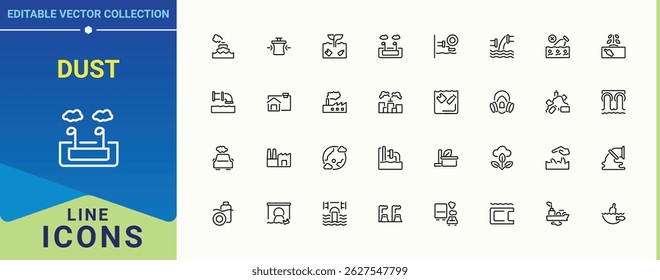 Dust line icon set. Pollution icon collection. Ecology outline symbol collection. Minimal linear icons. Editable stroke vector art.