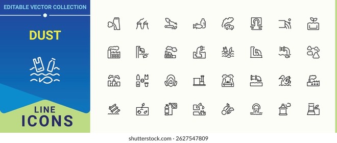 Dust line icon set. Pollution icon collection. Ecology outline symbol collection. Minimal linear icons. Editable stroke vector art.