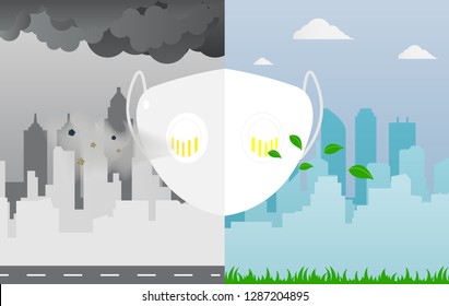 Dust Mask Prevent Air Pollution In Large Cities Concept,vector Illustration.