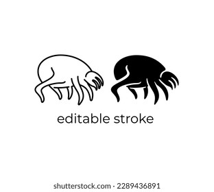 Dust mite, microscopic parasites, animal, microorganism, editable stroke, silhouette and linear design. Mite, bug, microbiology, ectoparasite, vermin and insects, vector design and illustration
