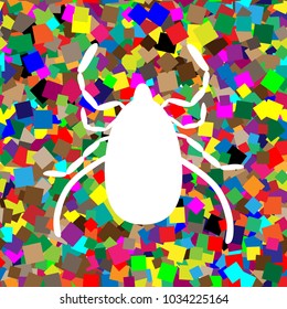 Dust mite sign illustration. Vector. White icon on colorful background with seamless pattern from squares.