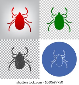 Dust mite sign illustration. Vector. 4 styles. Red gradient in radial lighted background, green flat and gray scribble icons on transparent and linear one in blue circle.