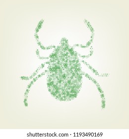 Dust mite sign illustration. Vector. Green hexagon rastered icon and noised opacity and size at light green background with central light.