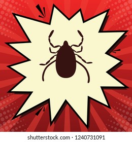 Dust mite sign illustration. Vector. Dark red icon in lemon chiffon shutter bubble at red popart background with rays.