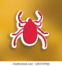 Dust mite sign illustration. Vector. Magenta icon with darker shadow, white sticker and black popart shadow on golden background.
