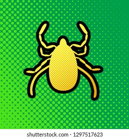 Dust mite sign illustration. Vector. Pop art orange to yellow dots-gradient icon with black contour at greenish background.