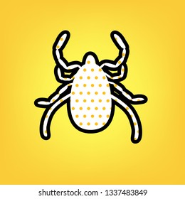Dust mite sign illustration. Vector. Yellow polka dot white icon with black contour at warm yellow background.
