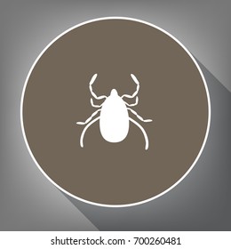 Dust mite sign illustration. Vector. White icon on brown circle with white contour and long shadow at gray background. Like top view on postament.