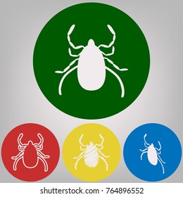 Dust mite sign illustration. Vector. 4 white styles of icon at 4 colored circles on light gray background.