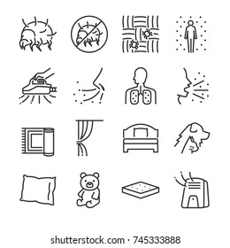 Dust mites line icon set. Included the icons as dust mites, flea, bed bugs, bedroom, bed, bugs killer and more.