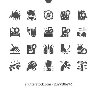 Dust Mites. Mattress Cleaning. Purified Air. Dust Mite In Bed. Insect, Disease, Tick, Parasite, Prohibition, Health, Allergen. Vector Solid Icons. Simple Pictogram