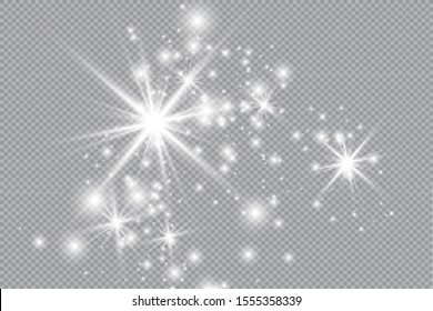 Dust on a transparent background. Sparks of dust and golden stars shine with a special light. Vector stars fly and sparkle on a transparent background. Christmas light effect.