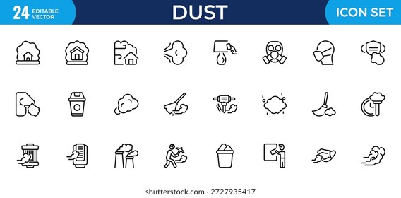 Conjunto de iconos de contorno de polvo: iconos de línea delgada para olores, Smoke, arena, polvo, alérgenos y limpieza de polvo, trazo editable, Ilustración vectorial moderna